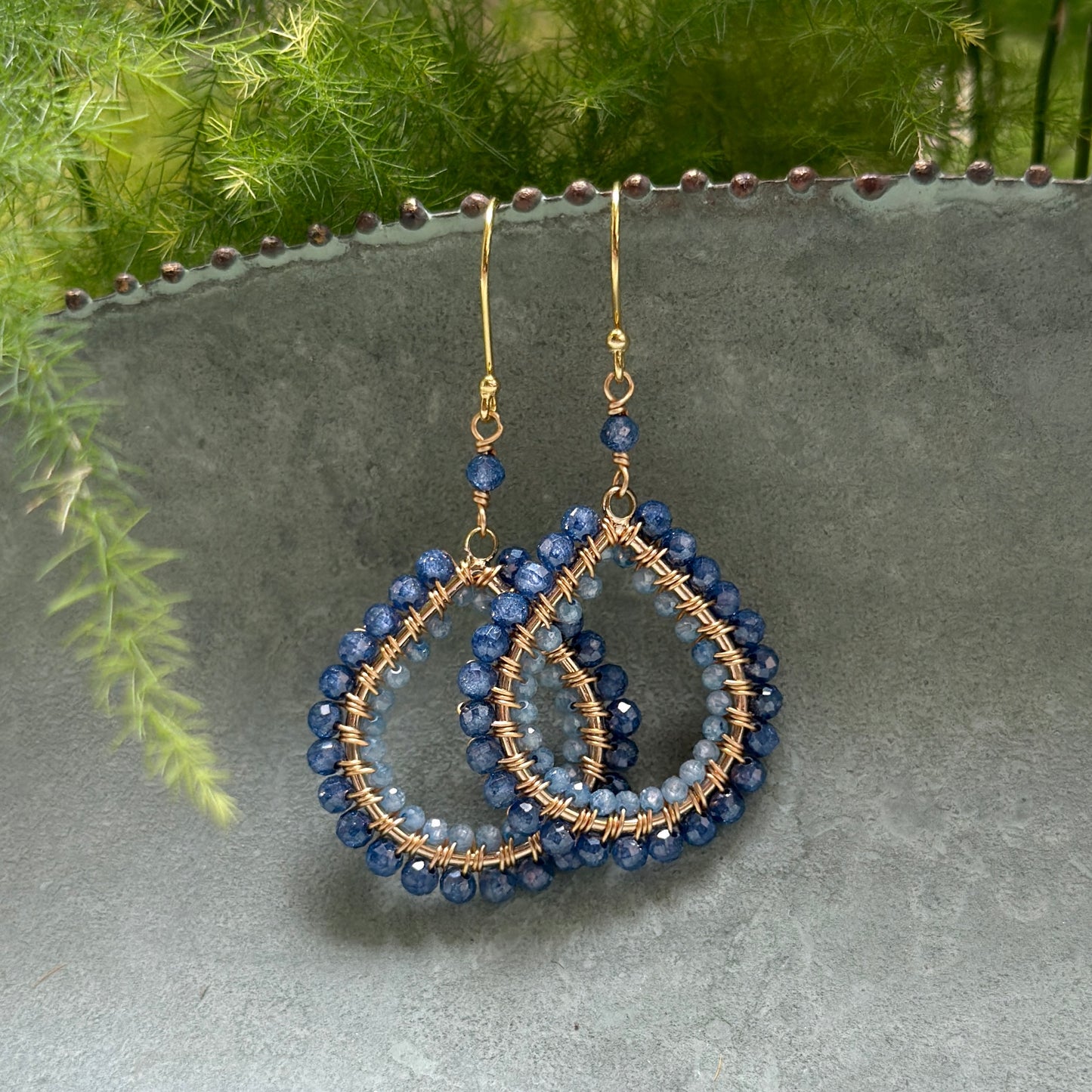 Royal Blue Azurite & Pale Cornflower Blue Kyanite Double Beaded Midi Teardrop Earrings