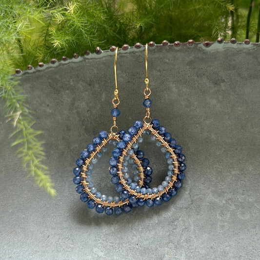 Royal Blue Azurite & Pale Cornflower Blue Kyanite Double Beaded Midi Teardrop Earrings