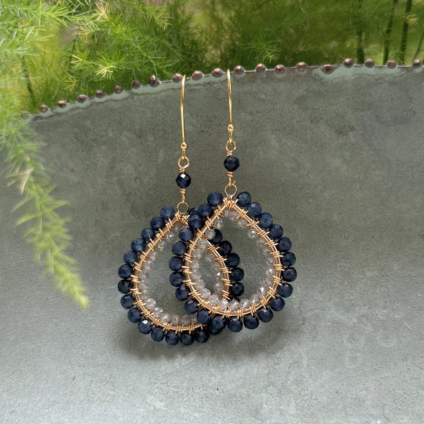 Dark Denim Iolite & Crystal Double Beaded Midi Teardrop Earrings