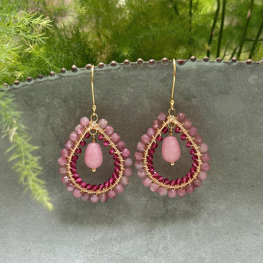 Dusky Pink Tourmaline Double Beaded Midi Teardrops With Pink Chalcedony Drop