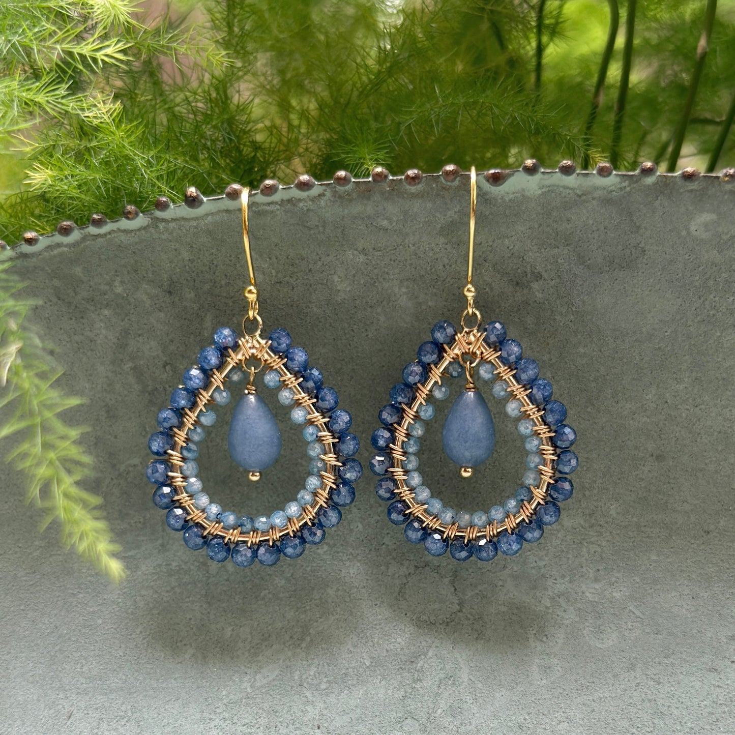 Royal Blue Azurite & Pale Cornflower Kyanite Double Beaded Midi Teardrops With Denim Chalcedony Drop