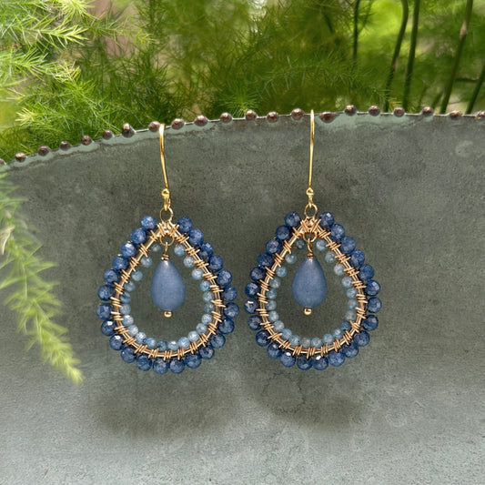 Royal Blue Azurite & Pale Cornflower Kyanite Double Beaded Midi Teardrops With Denim Chalcedony Drop