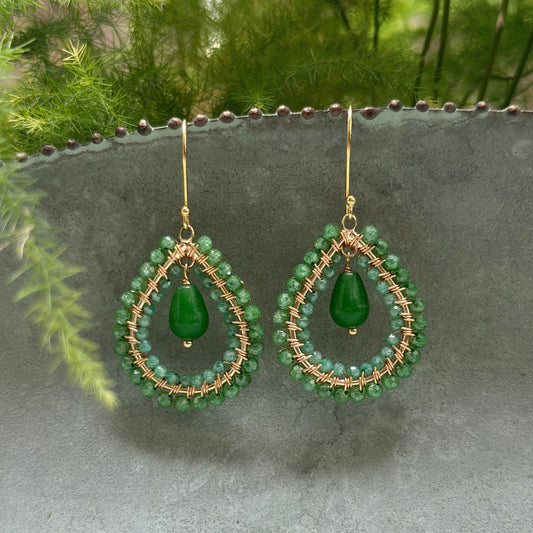 Pear Green Jade & Pale Mint Double Beaded Midi Teardrops With Green Jade Drop