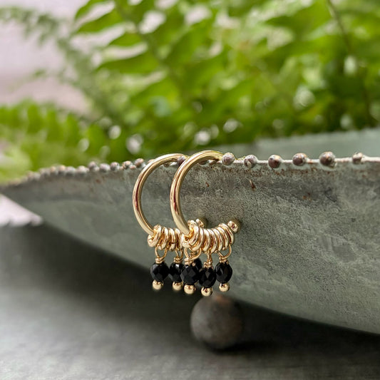 *Black Onyx 3-Bead Mini Hoop Earrings