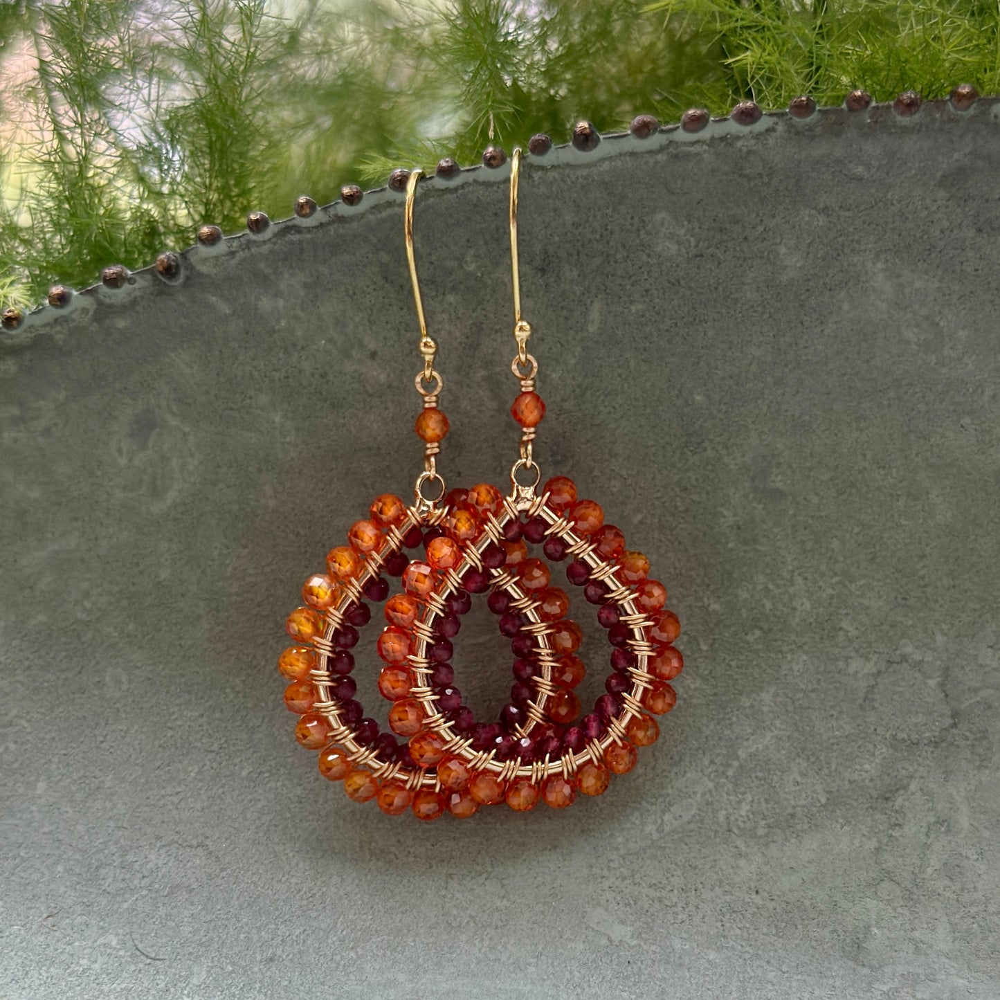 Orange Carnelian & Fuchsia Pink Garnet Double Beaded Midi Teardrop Earrings