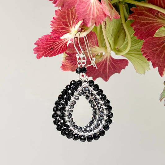 *Black Onyx & Charcoal Hematite Double Beaded Midi Teardrop Earrings (Silver)