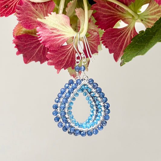 *Airforce Blue Quartz & Dark Cornflower Kyanite Double Beaded Midi Teardrop Earrings (Silver
