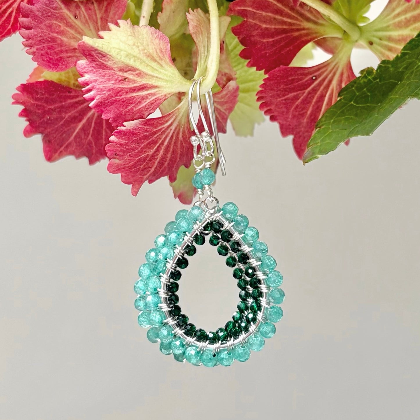 Mint Green Jade & Emerald Green Jade Double Beaded Midi Teardrop Earrings (Silver)