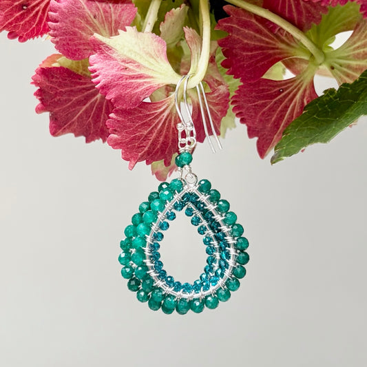 *Mid Emerald Green Jade & Teal Quartz Double Beaded Midi Teardrop Earrings (Silver)