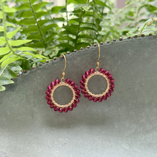 Fuchsia Pink Garnet Mini Round Beaded Earrings