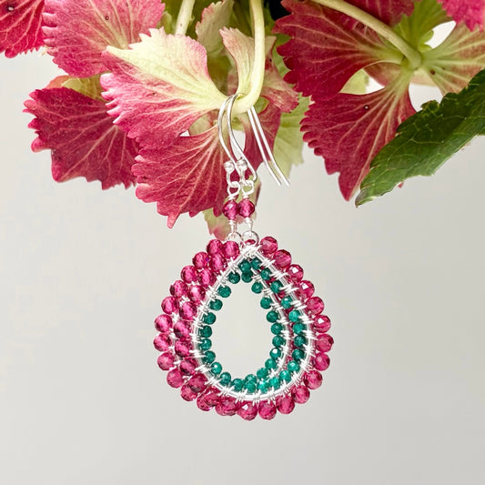 *Fuchsia Pink & Emerald Green Jade Double Beaded Midi Teardrop Earrings (Silver)