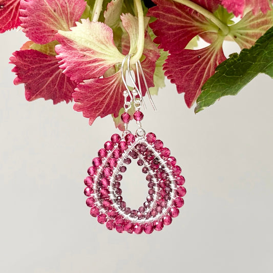 *Fuchsia Pink & Burgundy Garnet Double Beaded Midi Teardrop Earrings (Silver)