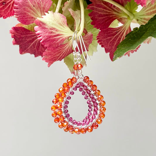 *Orange Carnelian & Fuchsia Pink Garnet Double Beaded Midi Teardrop Earrings (Silver)