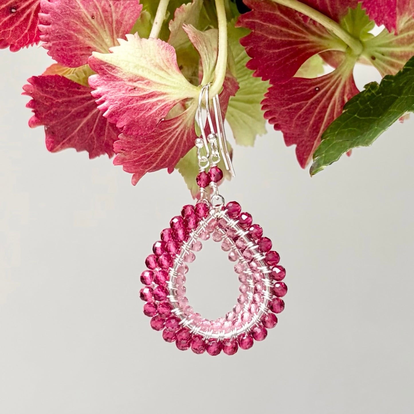 Fuchsia Pink & Candy Pink Garnet Double Beaded Midi Teardrop Earrings (Silver)