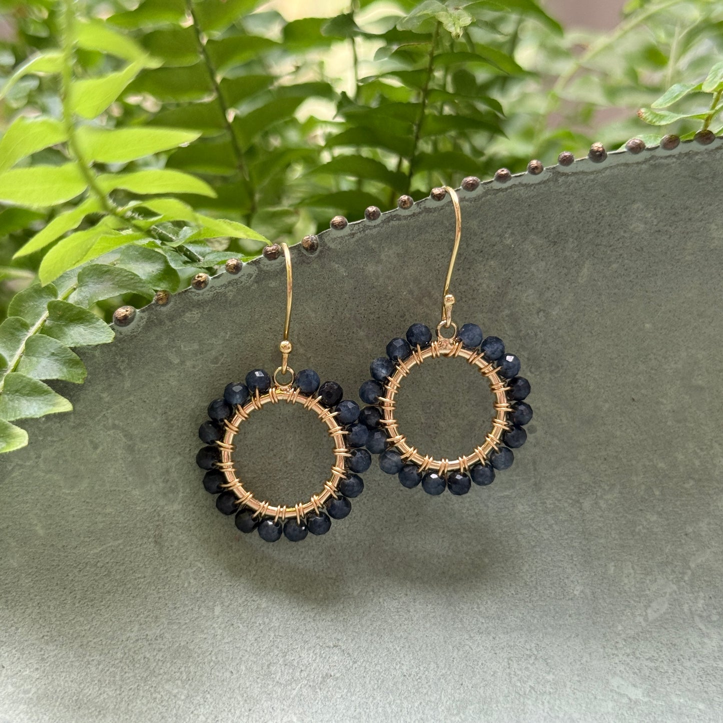 Dark Navy Blue Iolite Mini Round Beaded Earrings