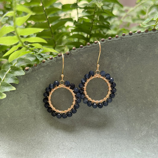 Dark Navy Blue Iolite Mini Round Beaded Earrings