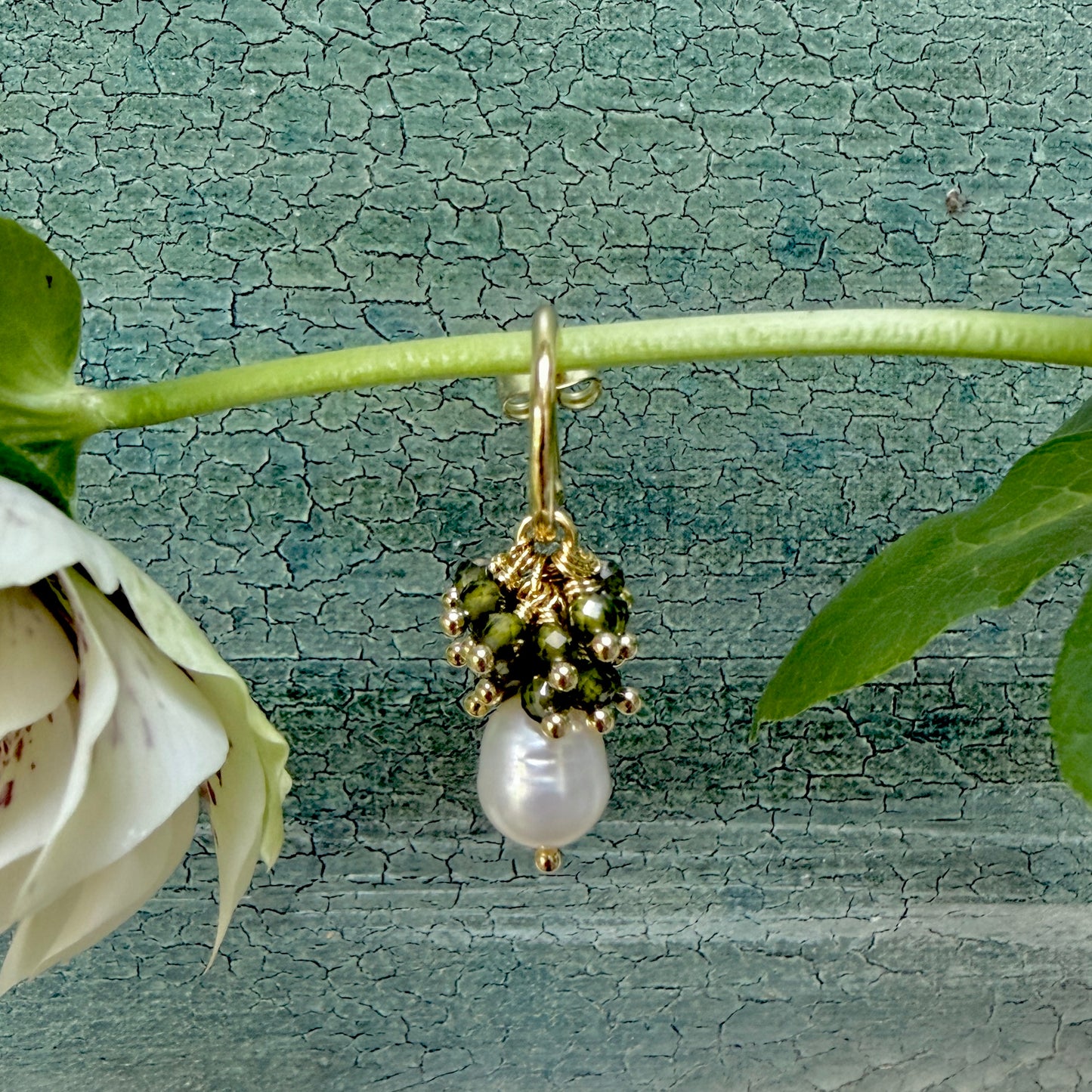 Mini Hoop Earrings With Ibiza Pearl & Dark Olive Green Peridot Drops