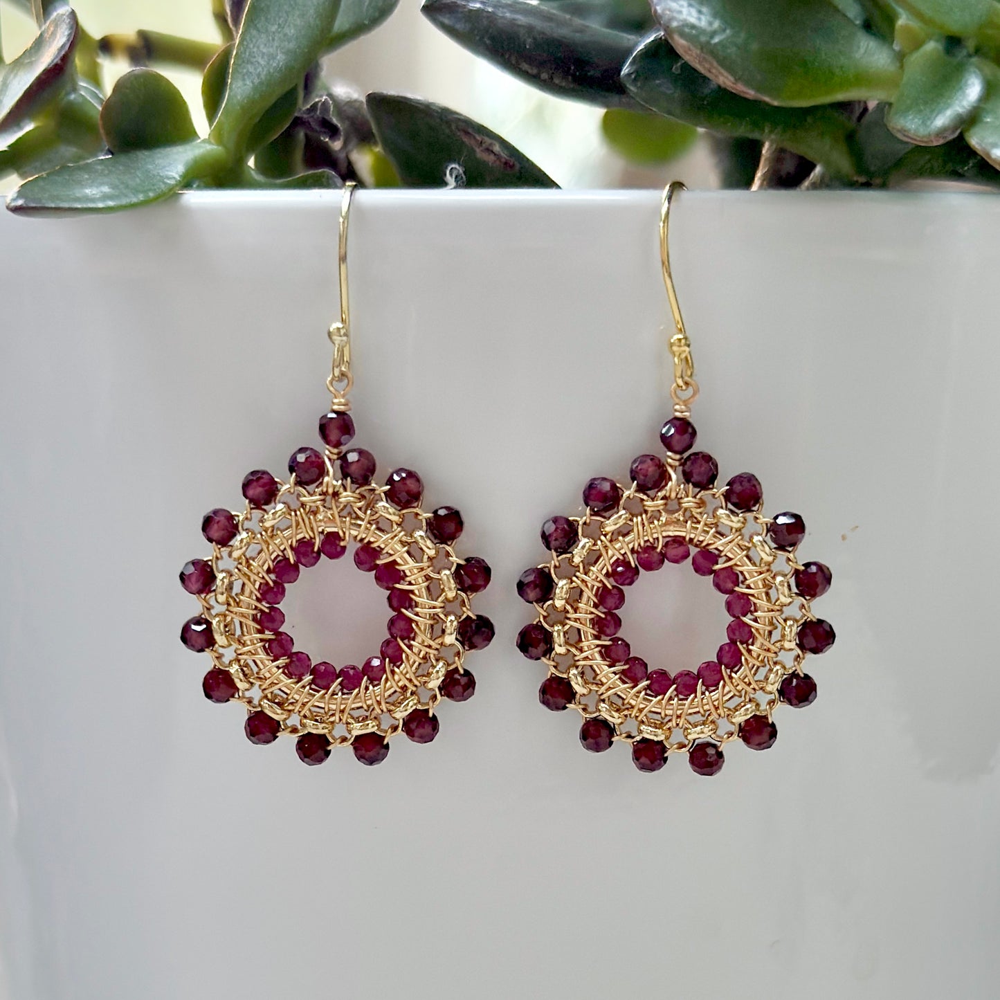 Burgundy Garnet & Fuchsia Pink Garnet Round Beaded Earrings