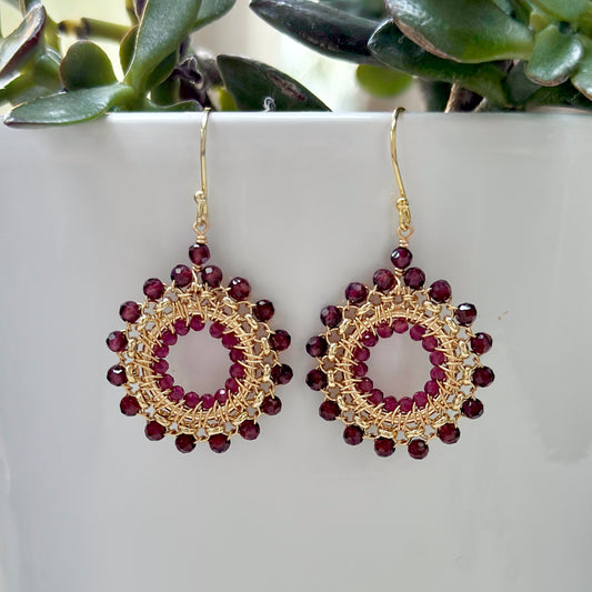 Burgundy Garnet & Fuchsia Pink Garnet Round Beaded Earrings