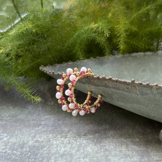 Pearl & Fuchsia Pink Garnet Mini+ Bobble Hoop Beaded Earrings