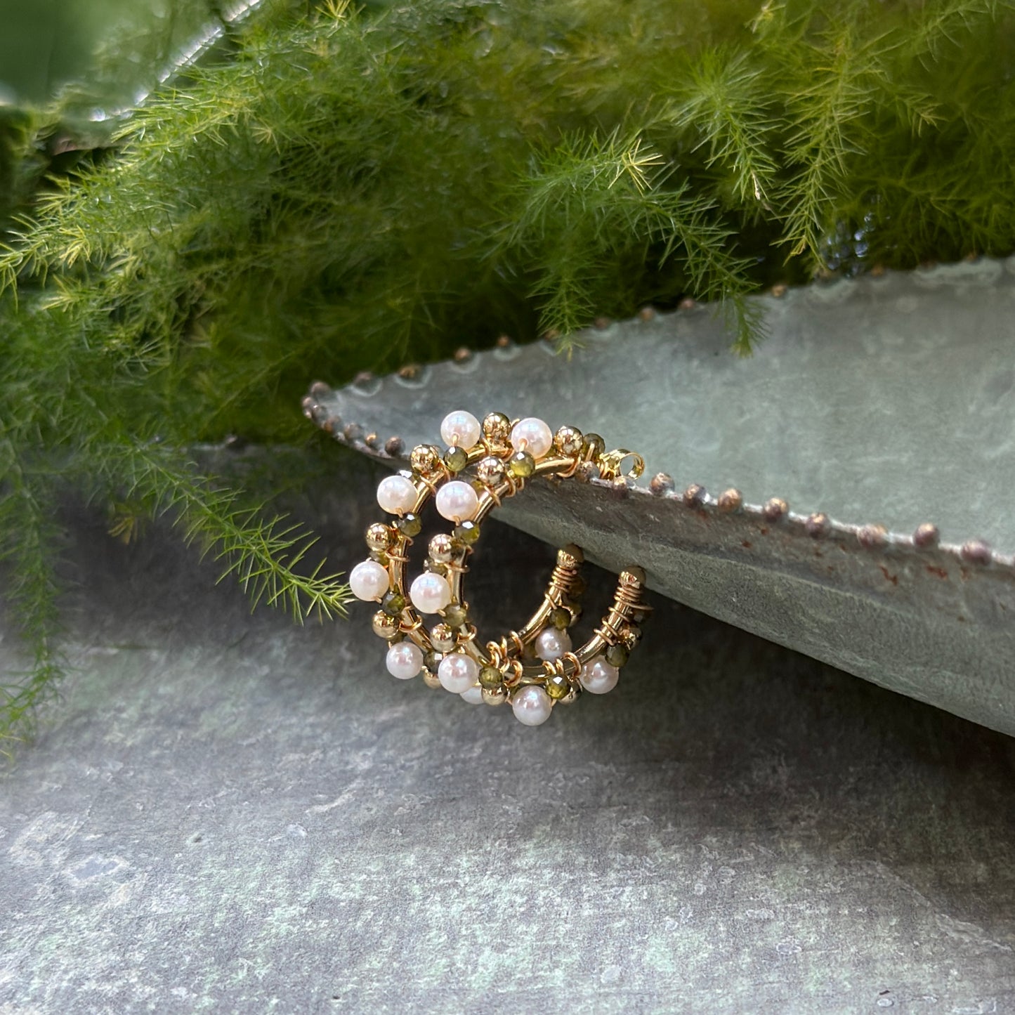Pearl & Olive Green Peridot Mini+ Bobble Hoop Beaded Earrings