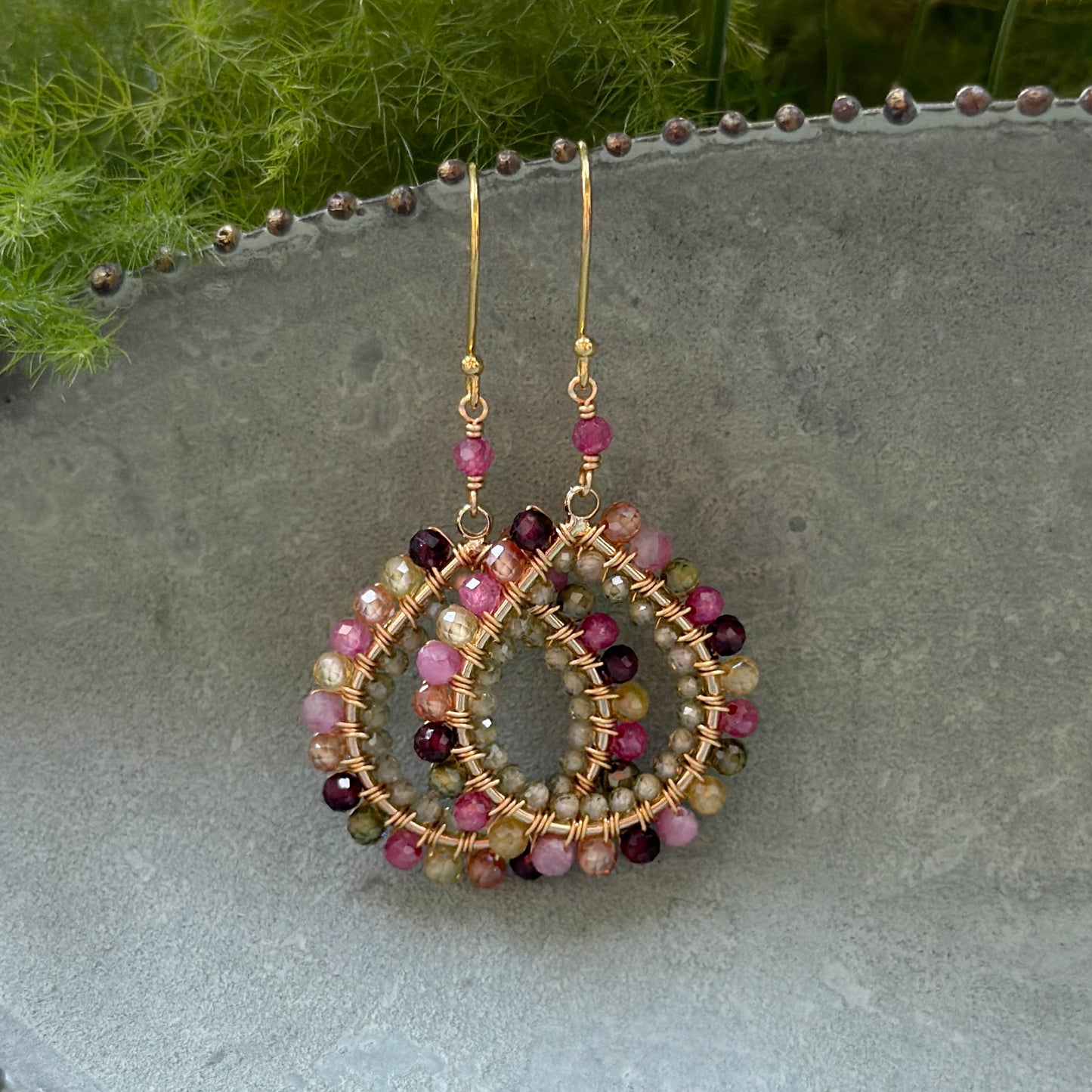 Berry & Peridot Double Beaded Midi Teardrop Earrings