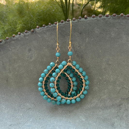 Turquoise Blue & Teal Quartz Double Beaded Midi Teardrop Earrings