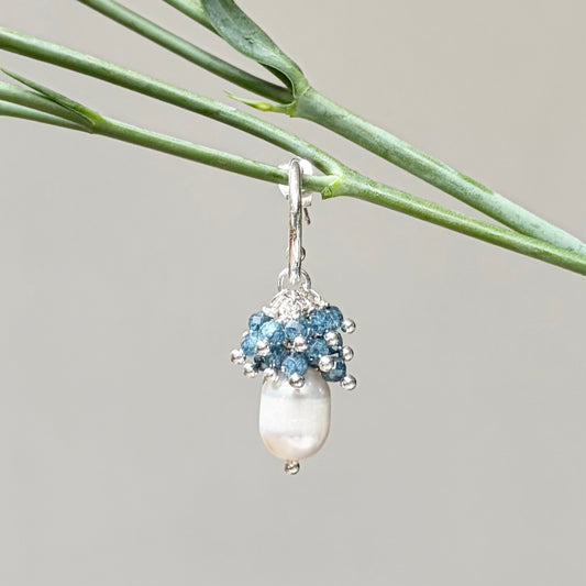*Mini Hoop Earrings With Ibiza Pearl & Pale Denim Azurite Drops (Silver)