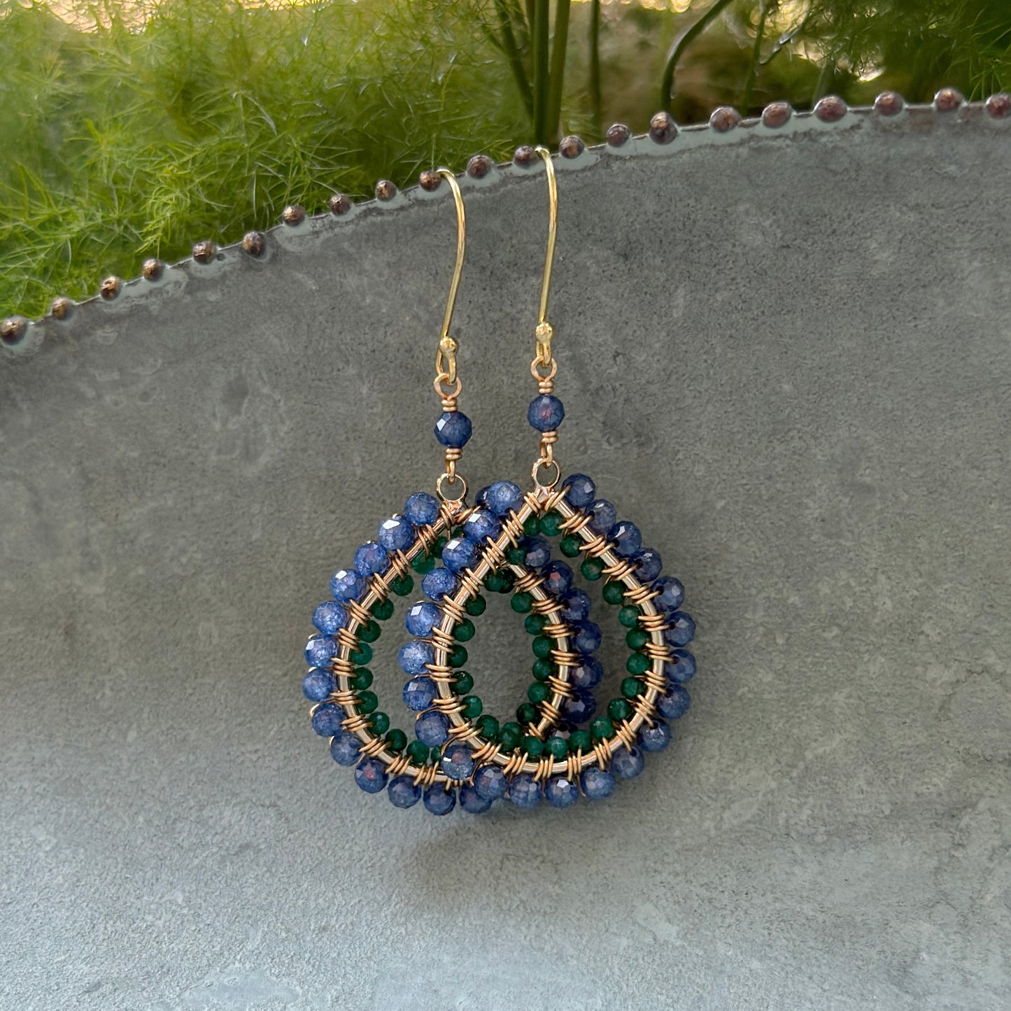 Royal Blue Azurite & Mid Emerald Green Jade Double Beaded Midi Teardrop Earrings