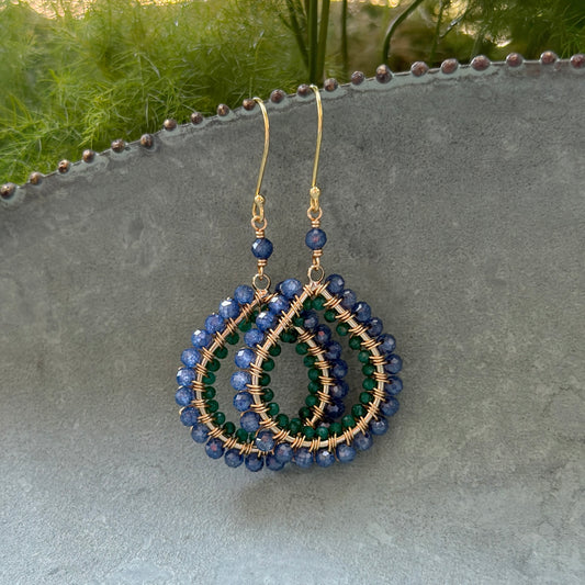 Royal Blue Azurite & Mid Emerald Green Jade Double Beaded Midi Teardrop Earrings