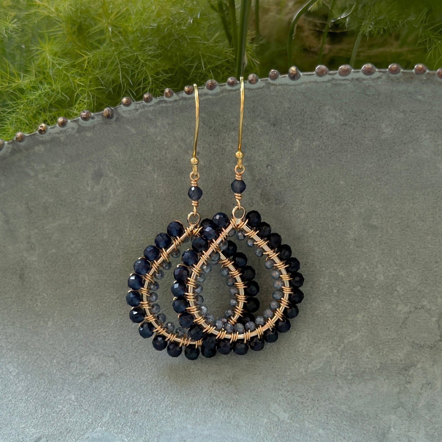 Dark Denim Iolite & Pale Denim Blue Azurite Double Beaded Midi Teardrop Earrings