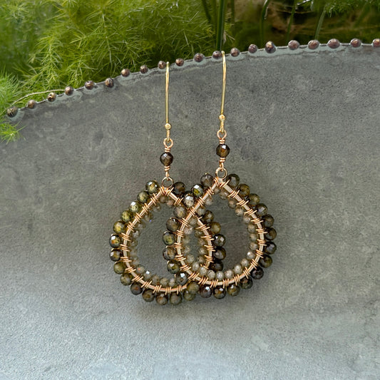 Dark Olive Green & Pale Peridot Double Beaded Midi Teardrop Earrings
