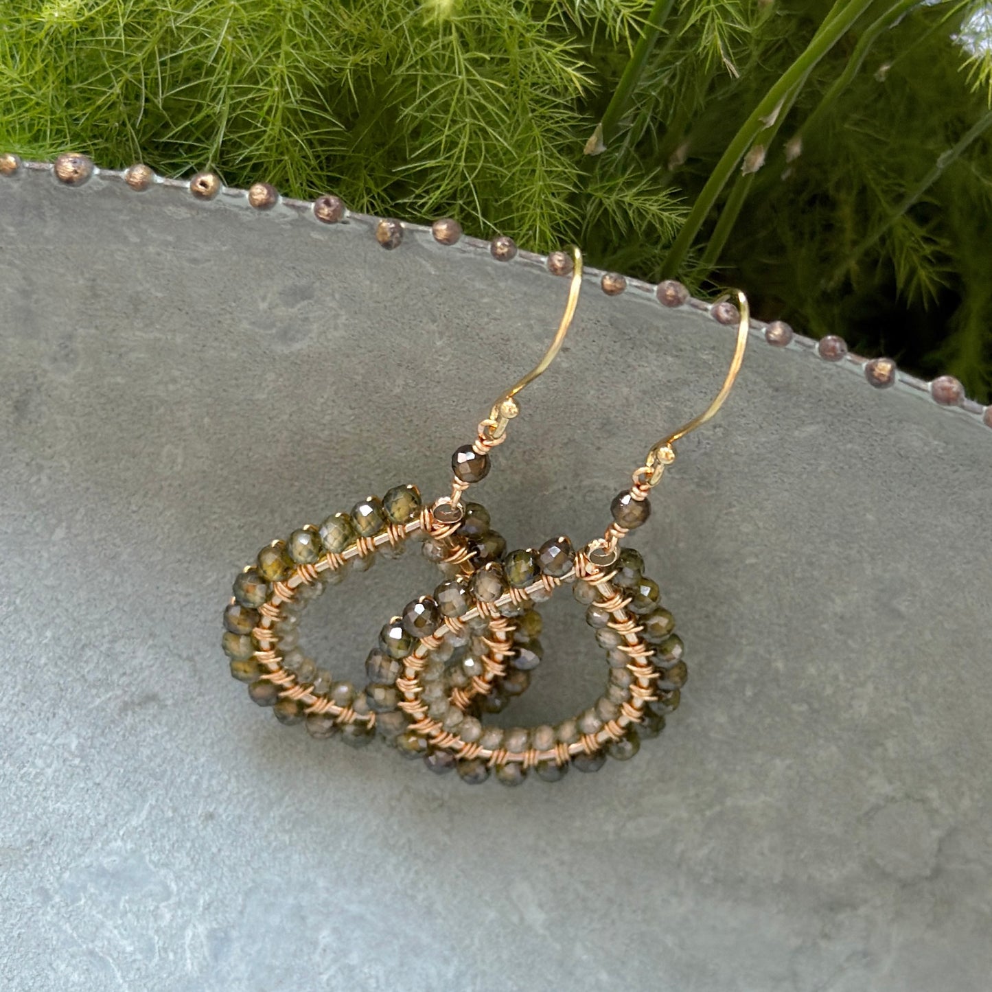 Dark Olive Green & Pale Peridot Double Beaded Midi Teardrop Earrings