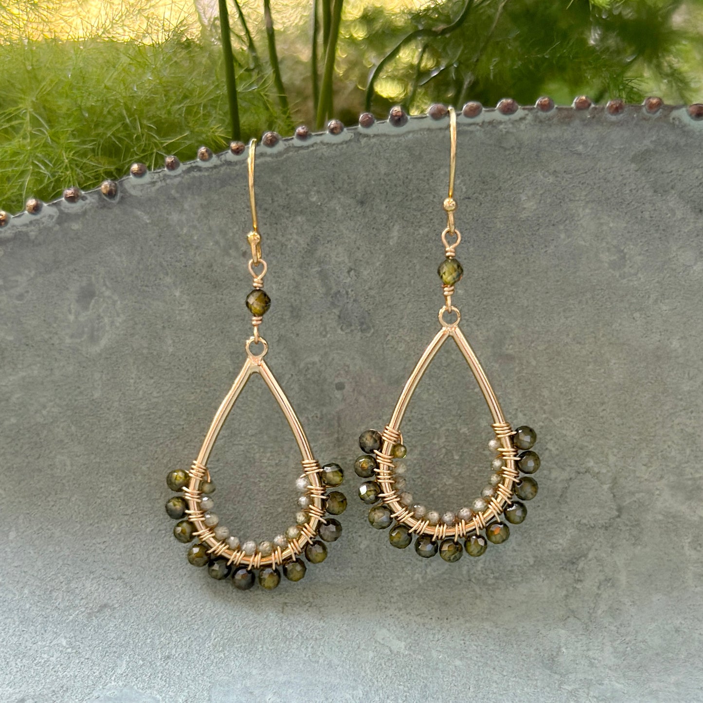 Olive Green Peridot 1/2 Teardrop Beaded Earrings