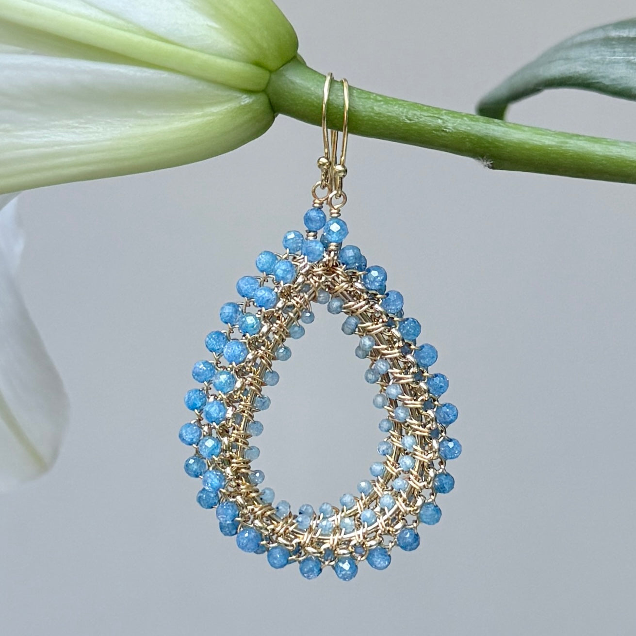 Dark Cornflower Blue Azurite & Powder Blue Quartz Maxi Rolo Teardrop Beaded Earrings