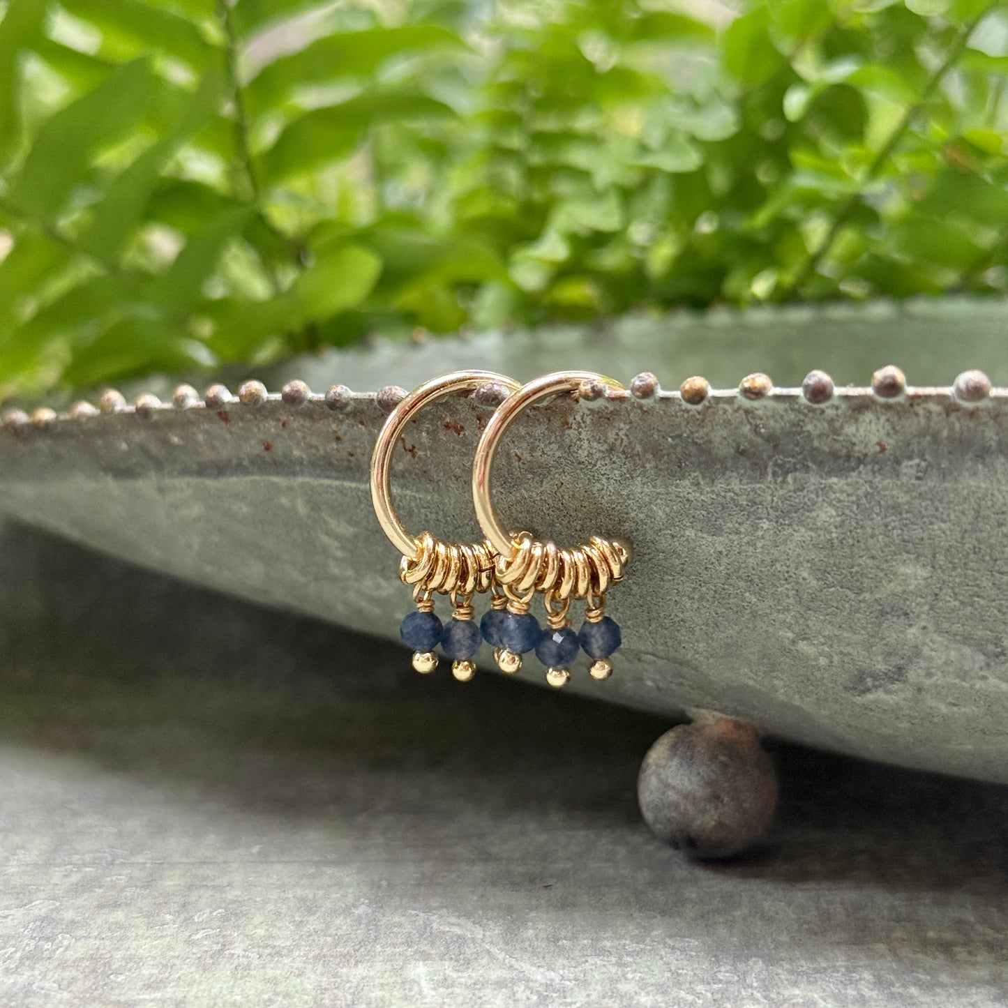 Dark Denim Blue Iolite 3-Bead Mini Hoop Earrings