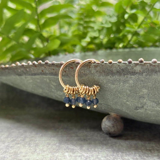 Dark Denim Blue Iolite 3-Bead Mini Hoop Earrings