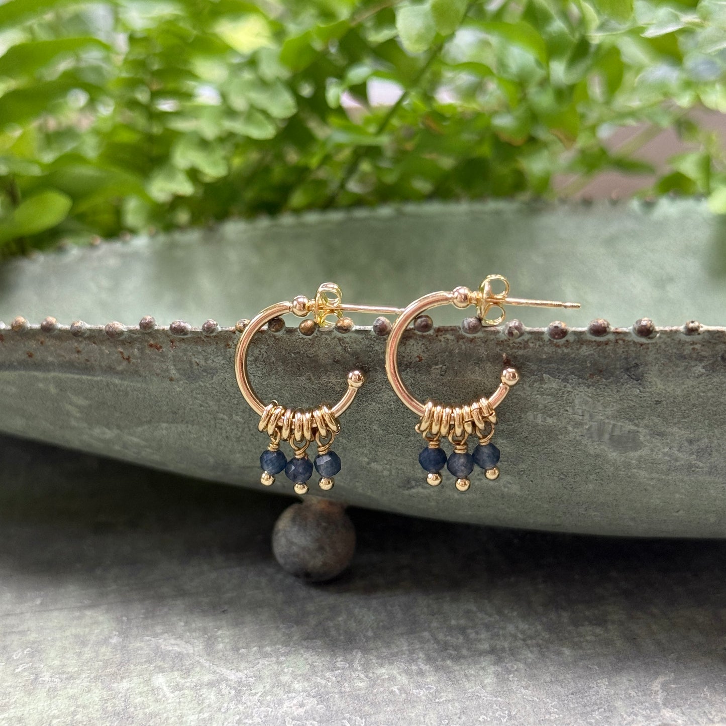 Dark Denim Blue Iolite 3-Bead Mini Hoop Earrings
