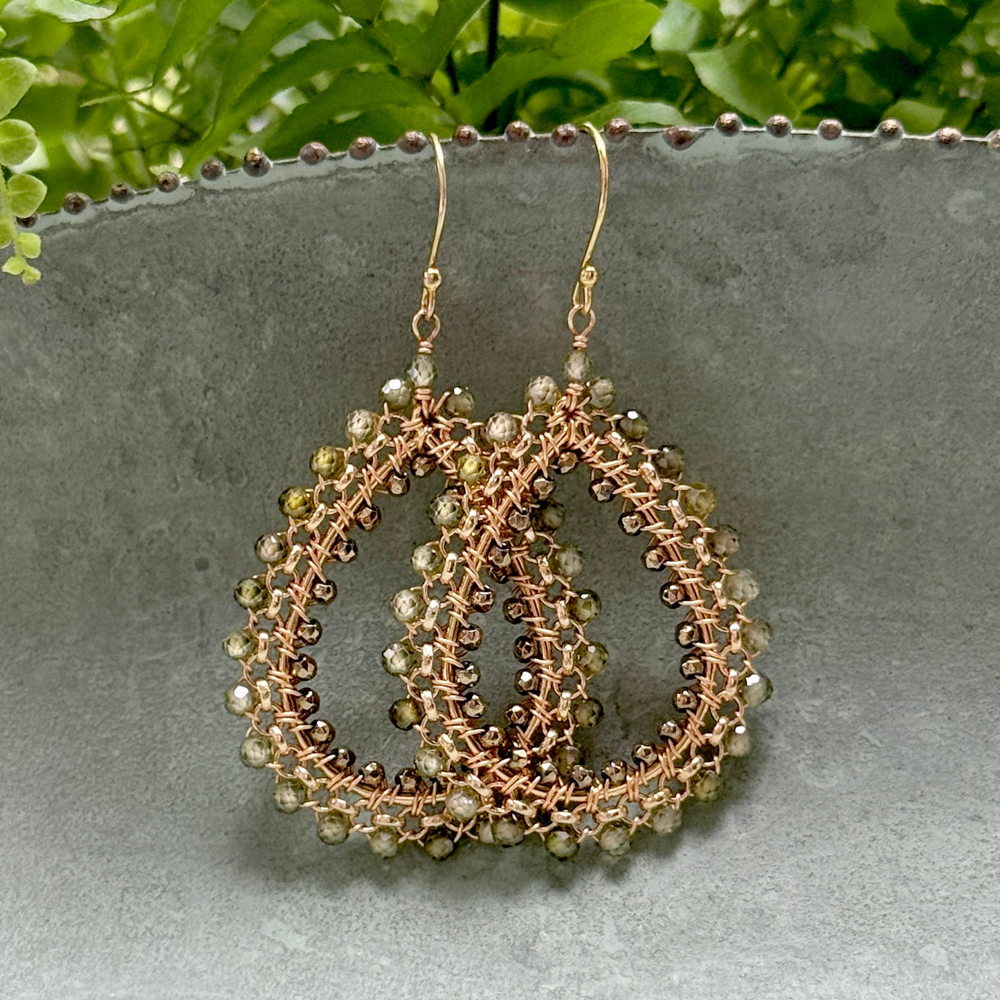 Olive Green Peridot & Sparkly Pyrite Maxi Rolo Teardrop Beaded Earrings