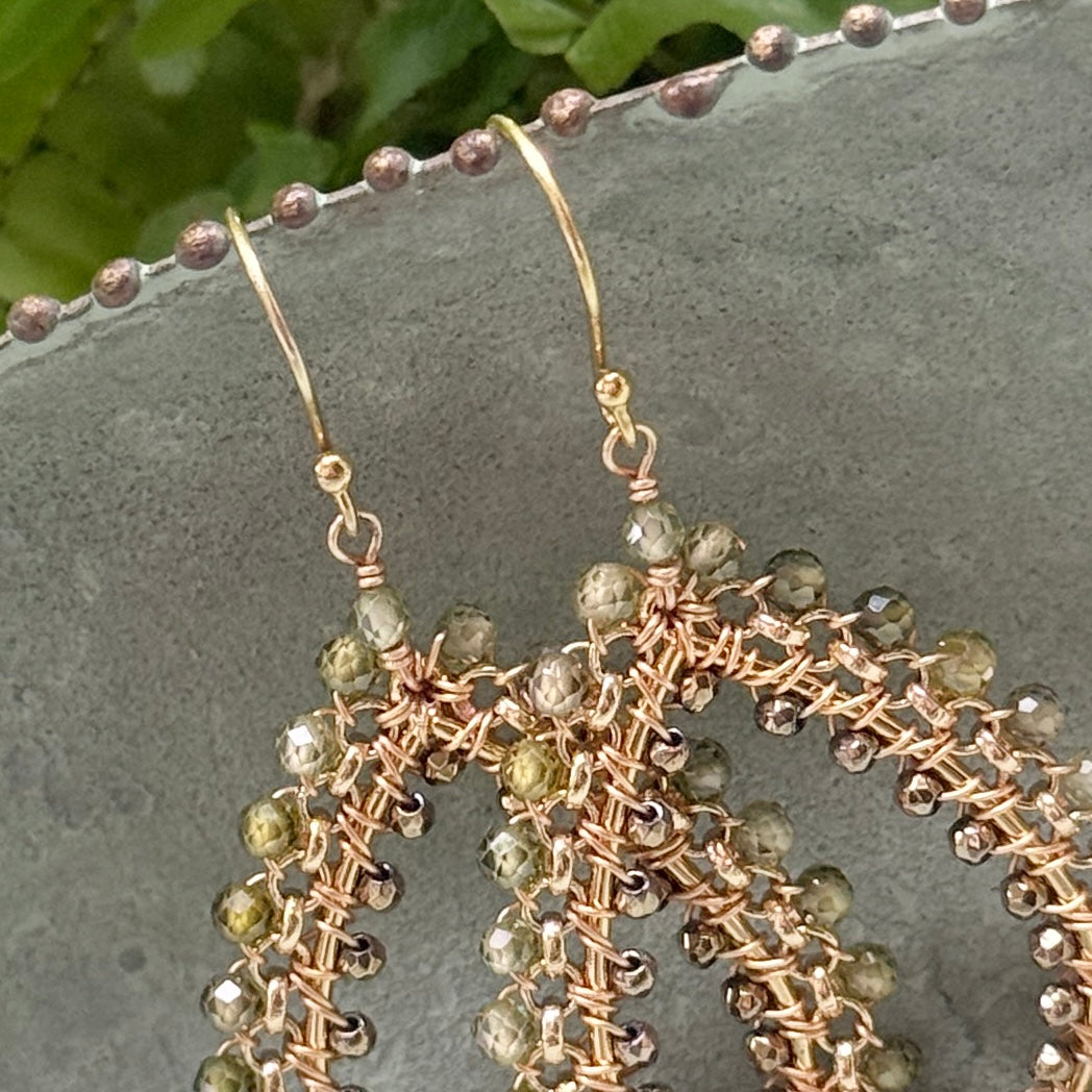 Olive Green Peridot & Sparkly Pyrite Maxi Rolo Teardrop Beaded Earrings