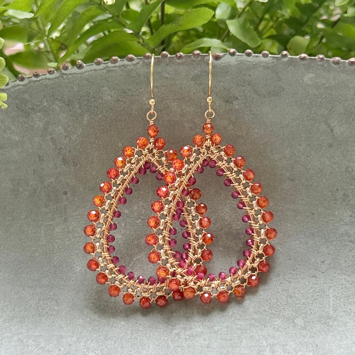 Orange Carnelian & Fuchsia Pink Garnet Maxi Rolo Teardrop Beaded Earrings
