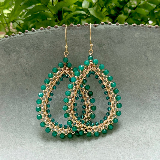 Mid Emerald Green Jade & Teal Quartz Maxi Rolo Teardrop Beaded Earrings
