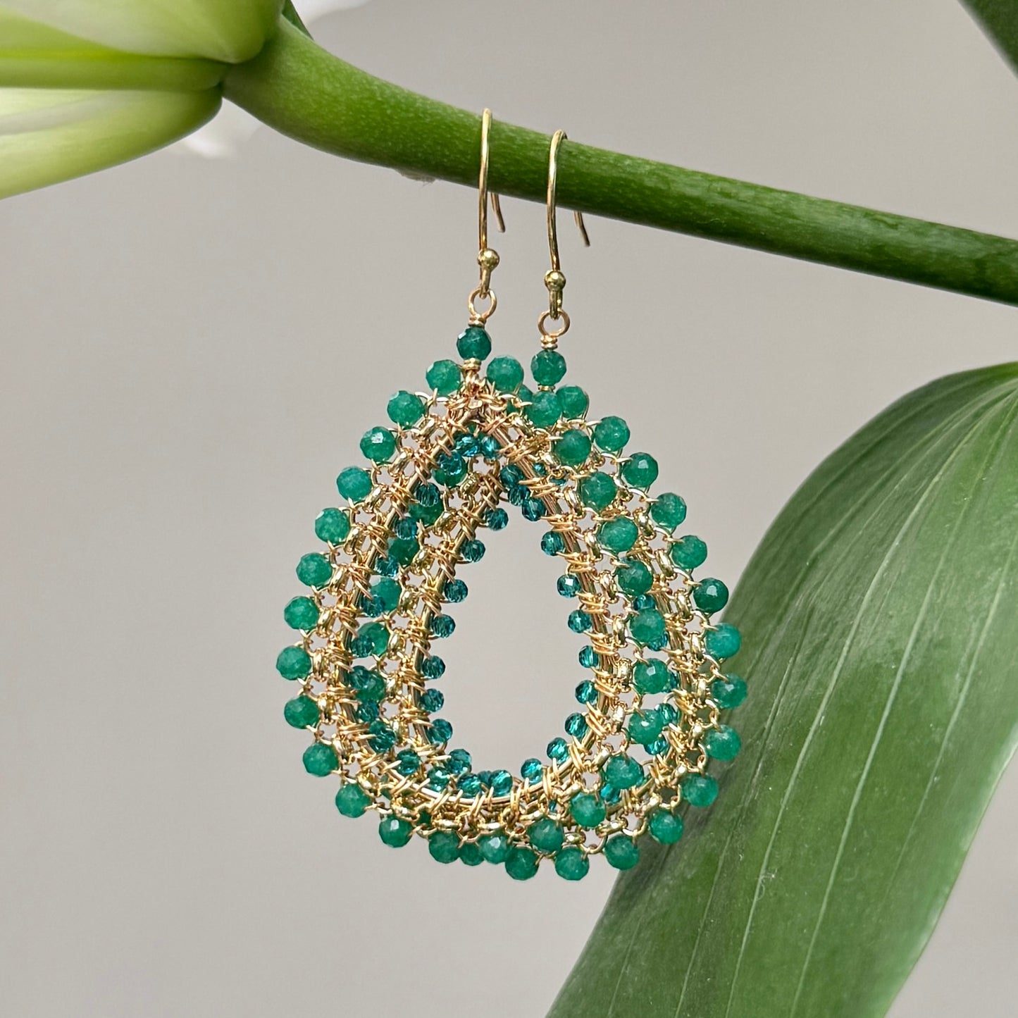 Mid Emerald Green Jade & Teal Quartz Maxi Rolo Teardrop Beaded Earrings