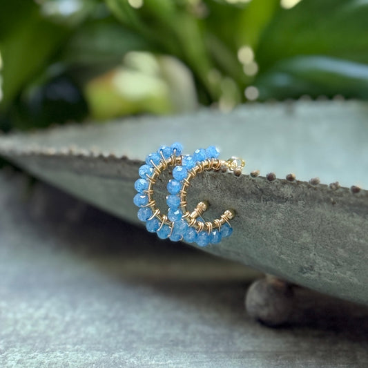 Chunky Dark Cornflower Blue Kyanite Mini Hoop Beaded Earrings