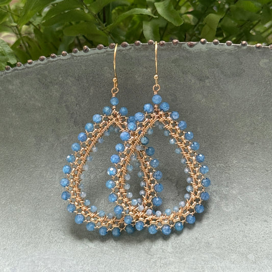Dark Cornflower Blue Azurite & Powder Blue Quartz Maxi Rolo Teardrop Beaded Earrings