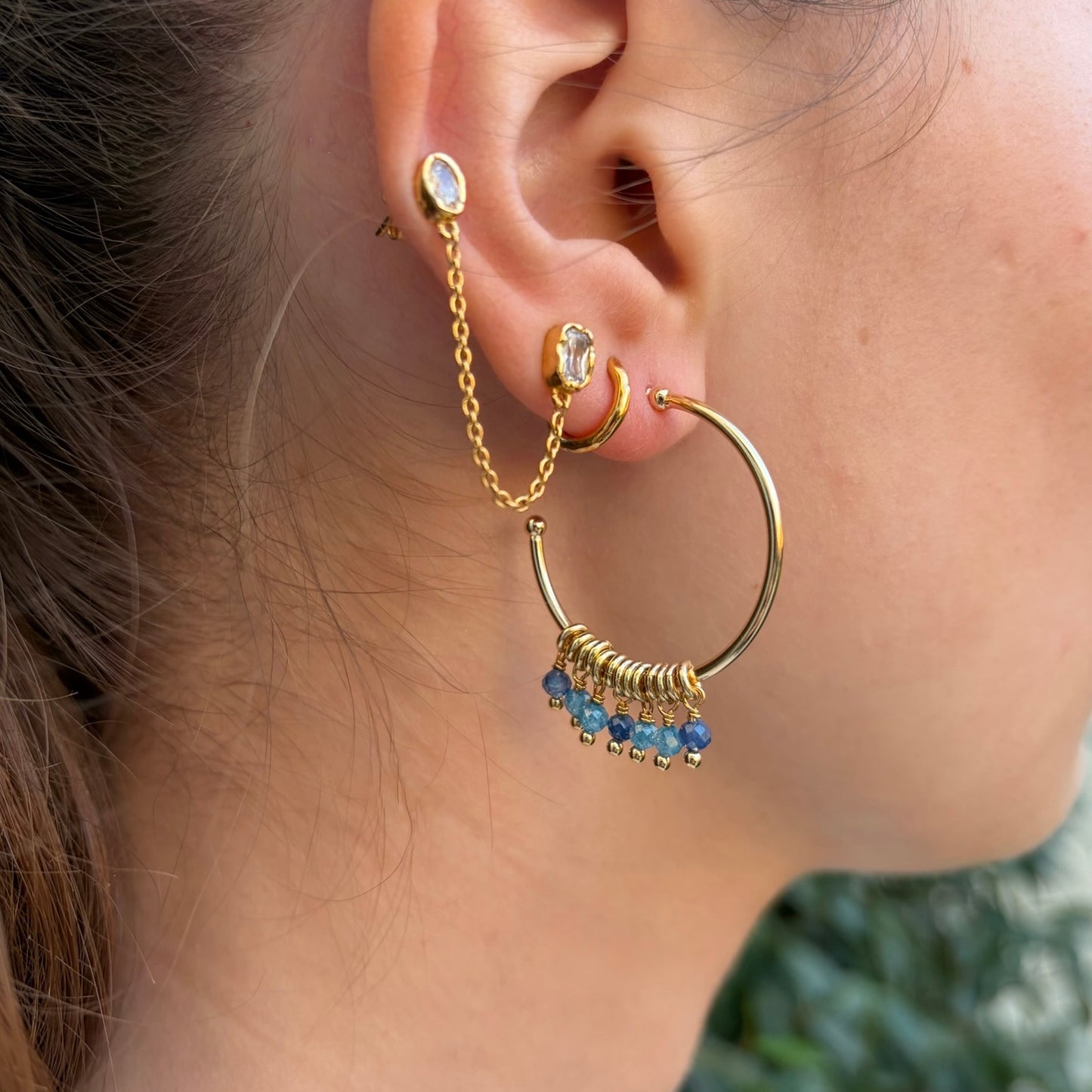 Dark Cornflower Kyanite & Royal Blue Azurite 7-Bead Midi Hoop Earrings