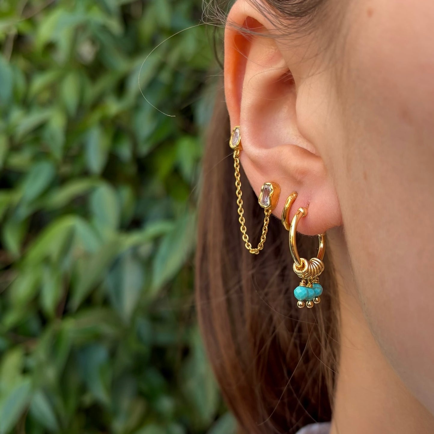 Turquoise Blue 3-Bead Mini Hoop Earrings