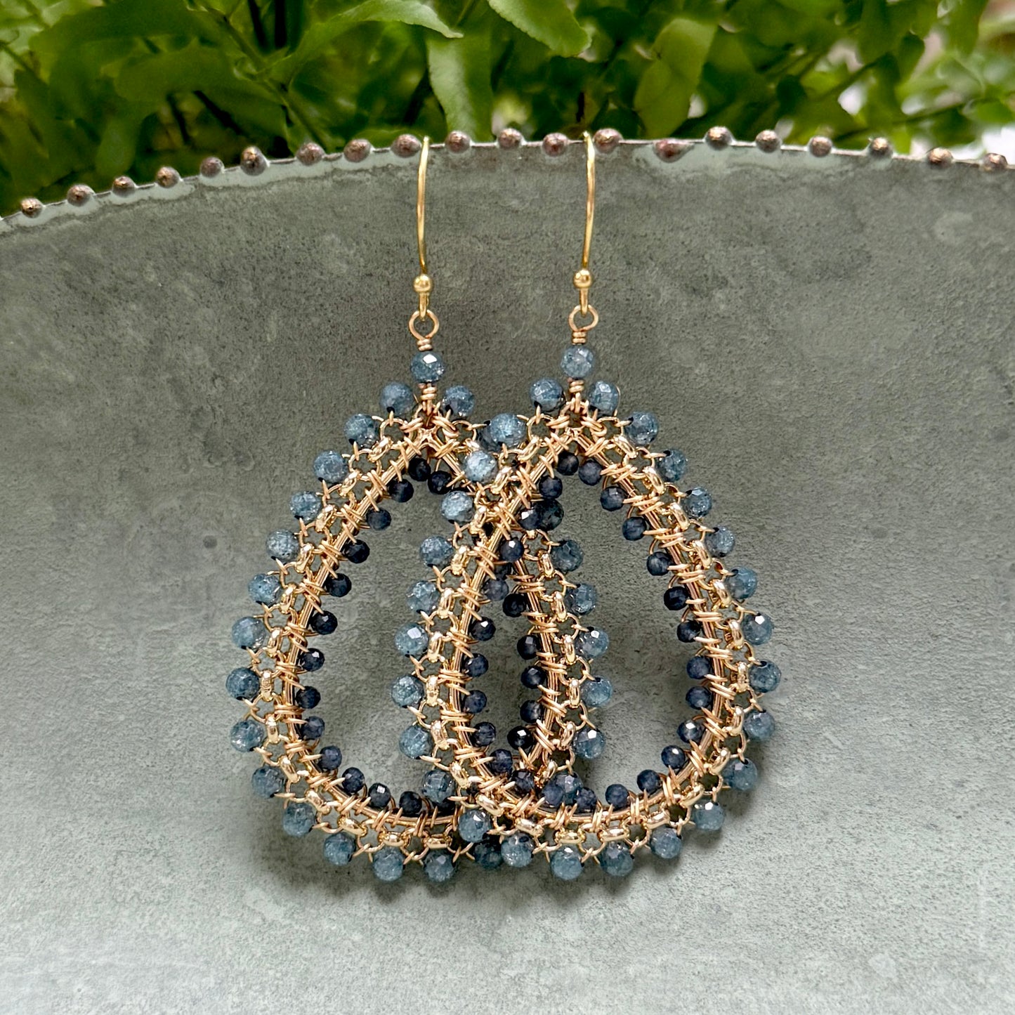Pale Denim Blue Azurite & Dark Denim Iolite Maxi Rolo Teardrop Beaded Earrings