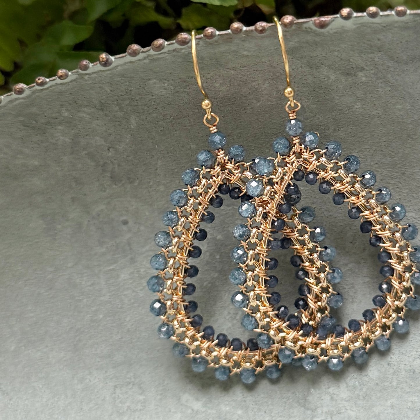 Pale Denim Blue Azurite & Dark Denim Iolite Maxi Rolo Teardrop Beaded Earrings