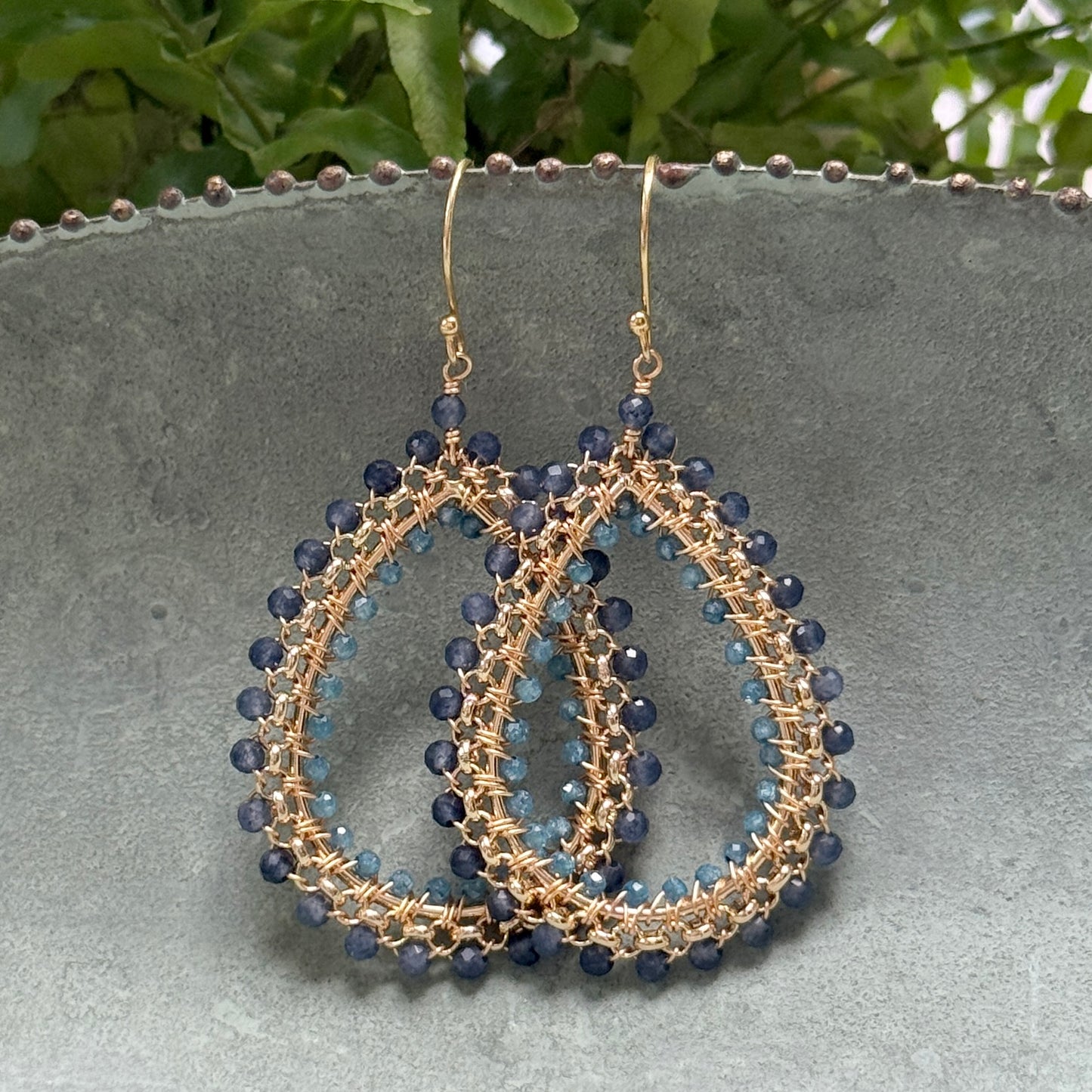 Dark Denim Blue Iolite & Cornflower Azurite Maxi Rolo Teardrop Beaded Earrings